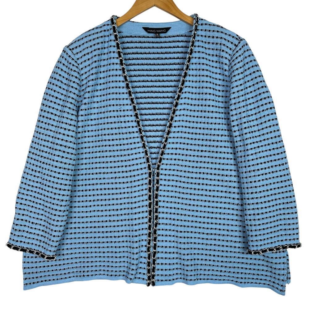 Ming Wang Knit Jacket Cardigan Womens Blue Black Chain Trim XL Textured‎ Stripe